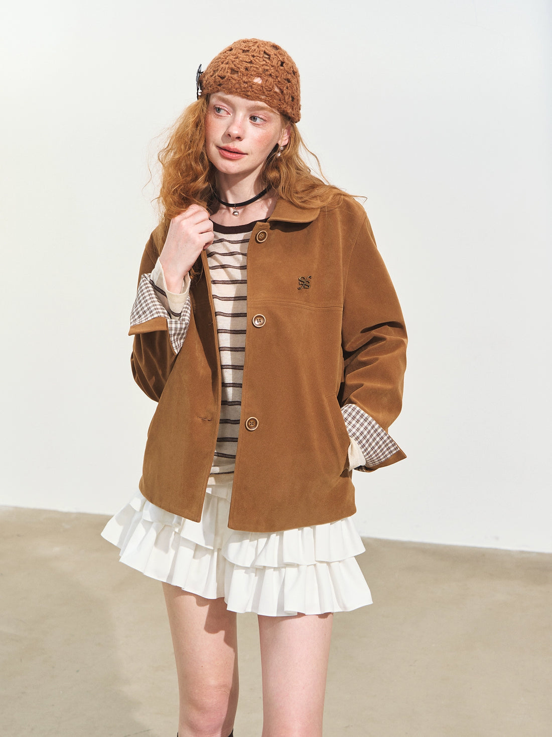 Velvet-Textured Peter Pan Collar Leather Jacket