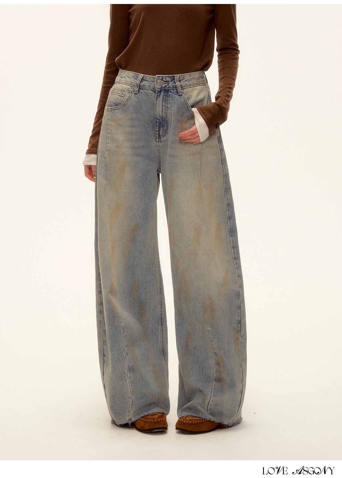Vintage Washed Distressed Wide-Leg Denim Pants