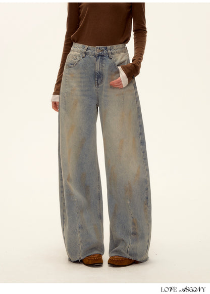 Vintage Washed Distressed Wide-Leg Denim Pants
