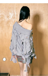 Grey Chiffon Ribbon Knitted Sweater - CHINASQUAD