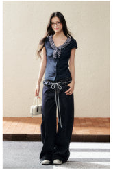Navy Lace-Trim Knit Blouse - CHINASQUAD