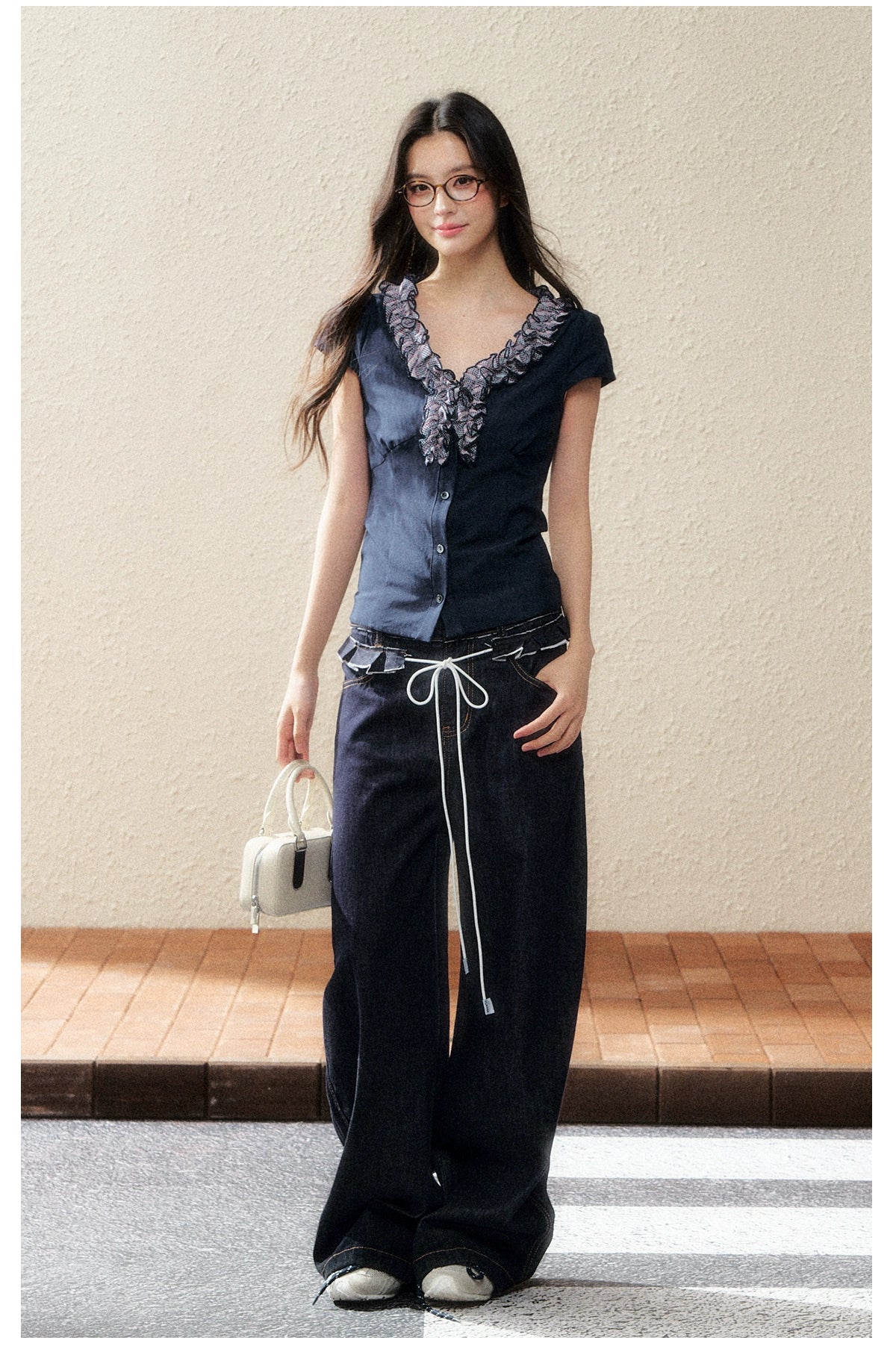 Navy Lace-Trim Knit Blouse - CHINASQUAD
