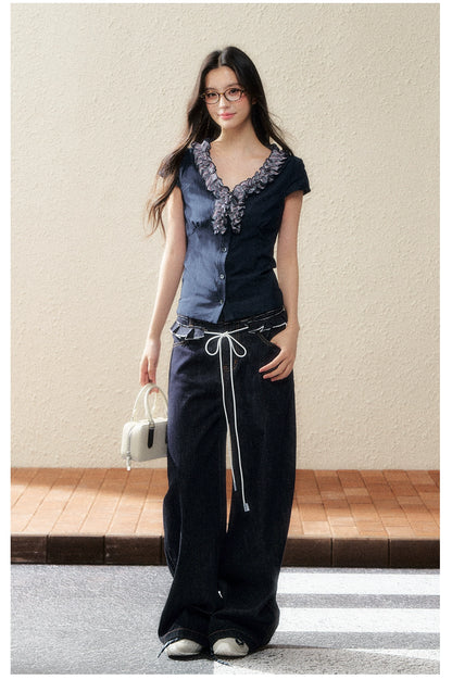 Navy Lace-Trim Knit Blouse - CHINASQUAD