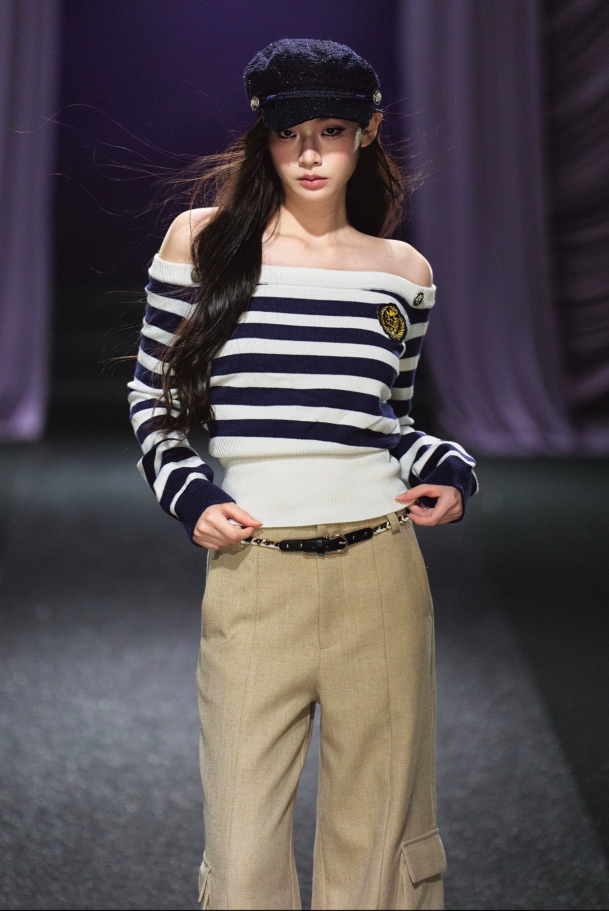 Nautical Stripe Off-Shoulder Knit Sweater