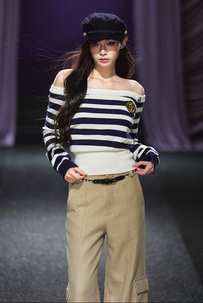 Nautical Stripe Off-Shoulder Knit Sweater