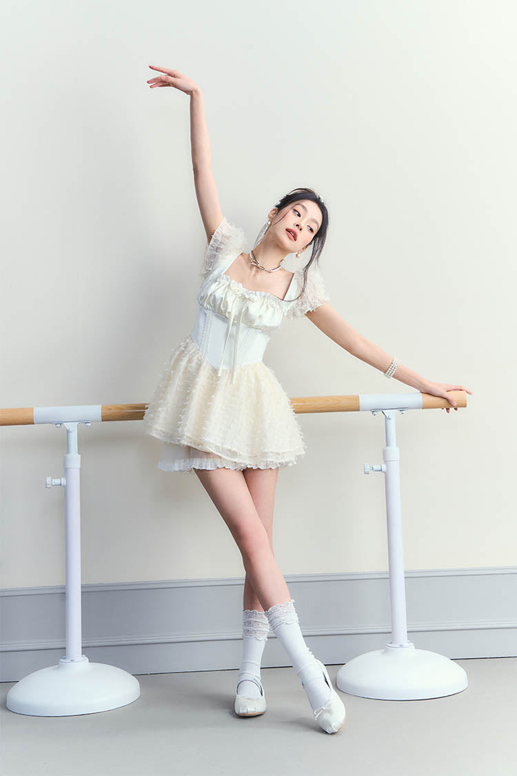 Ballet White Puffy High Waist Mini Dress - CHINASQUAD