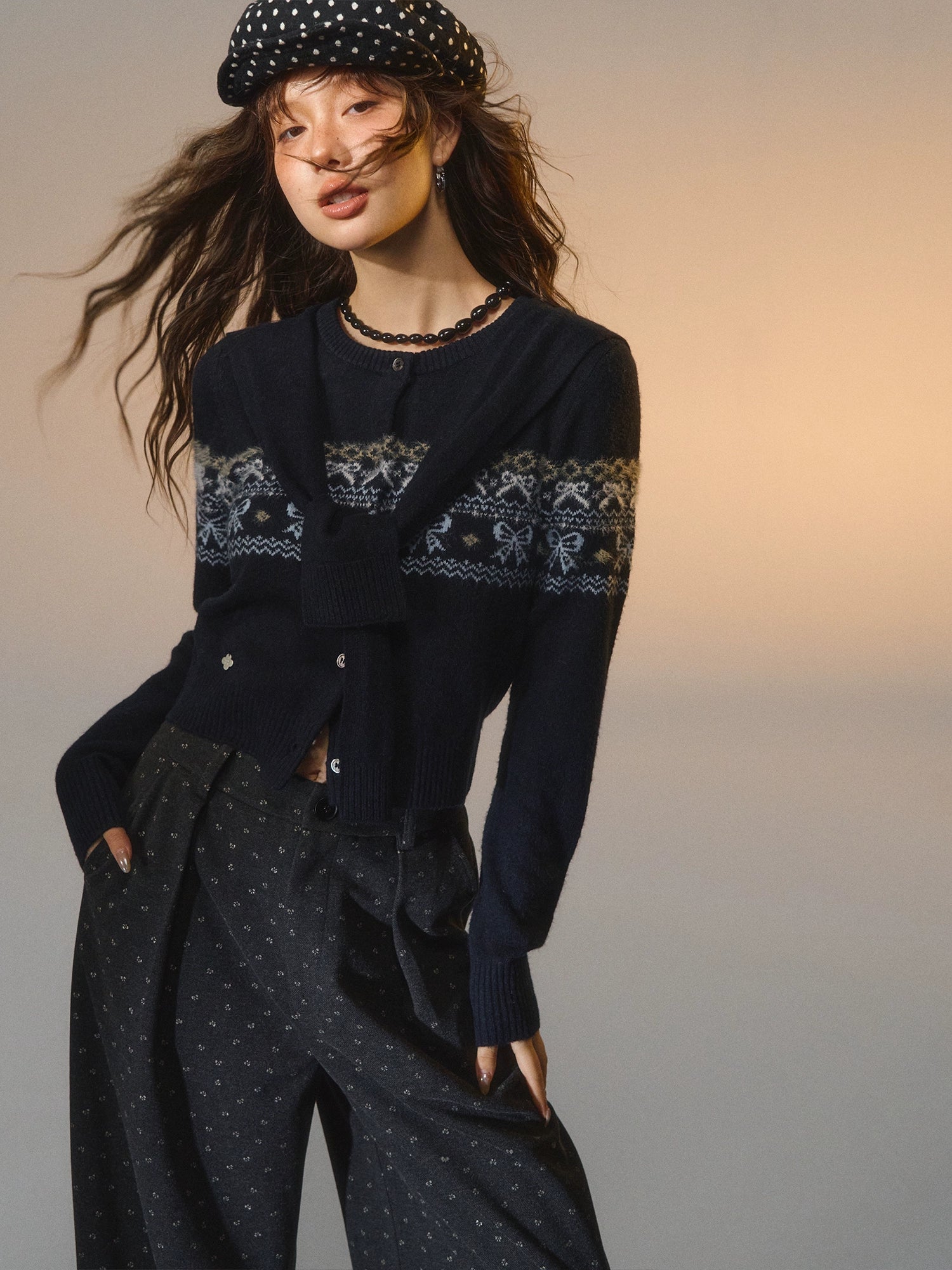 Fair Isle Bow Layered Knit Sweater