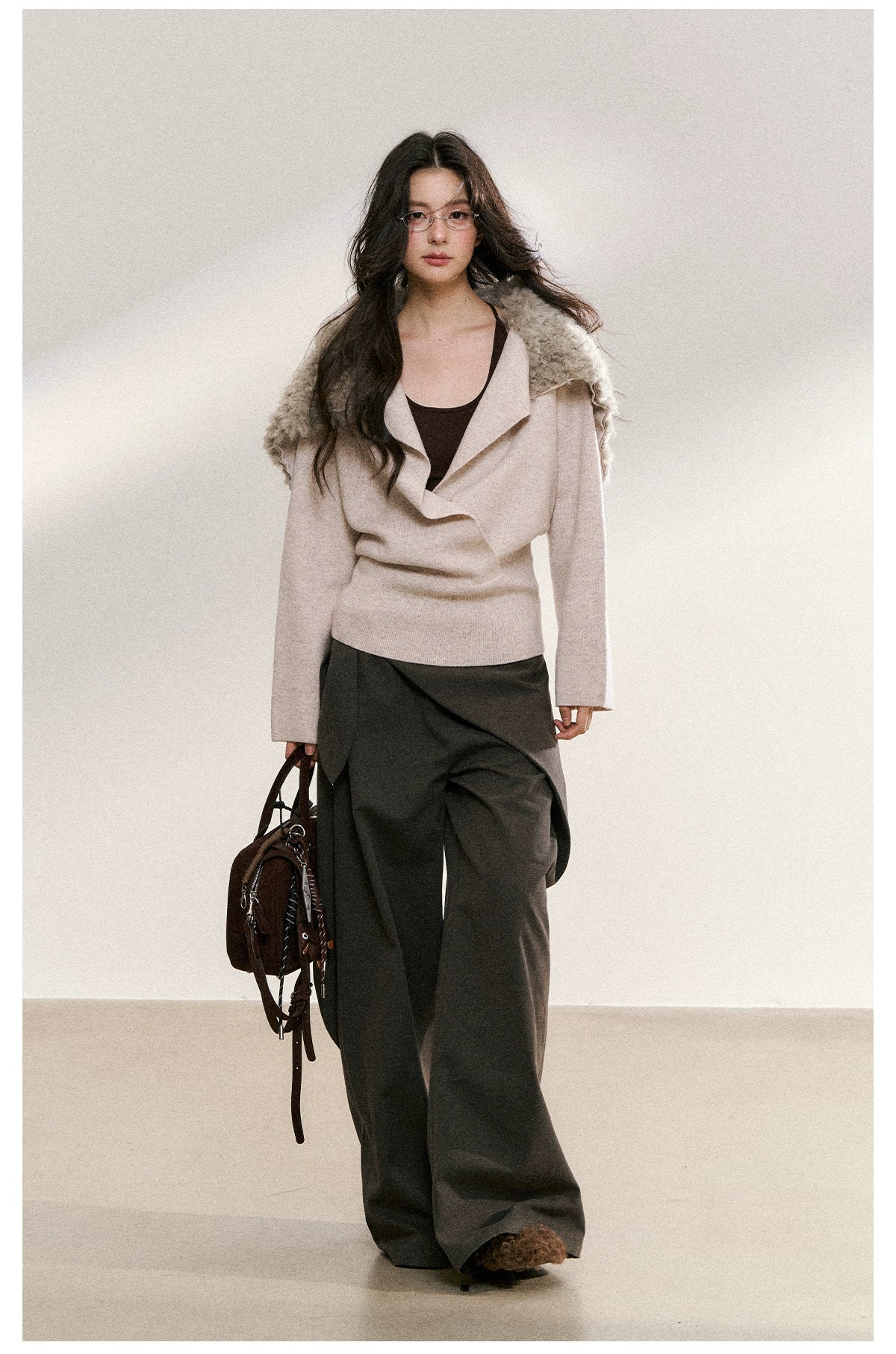 Faux Fur Collar Wrap Knit Cardigan
