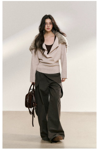 Faux Fur Collar Wrap Knit Cardigan