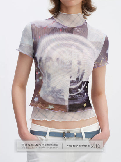 Magic Fountain Sheer Mesh Layered Slim-Fit T-Shirt