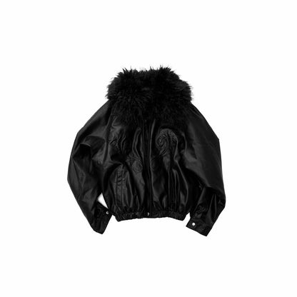 Embossed Faux Leather Puffer Detachable Fur Collar Jacket