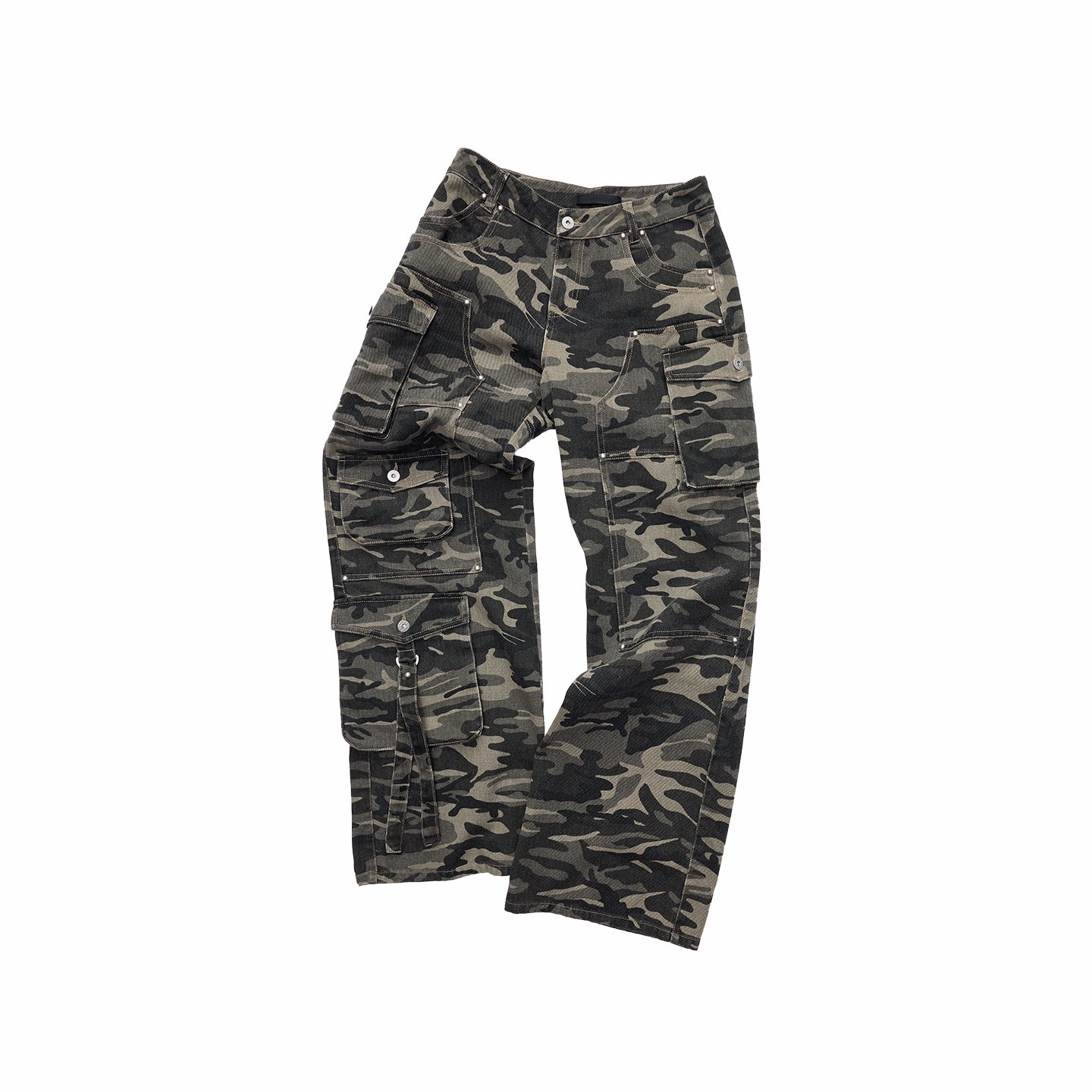 Washed Camouflage Multi-Pocket Cargo Wide-Leg Pants