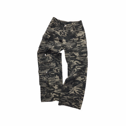 Washed Camouflage Multi-Pocket Cargo Wide-Leg Pants