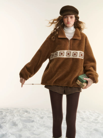 Patchwork Teddy Fleece Zip-Up Sweater