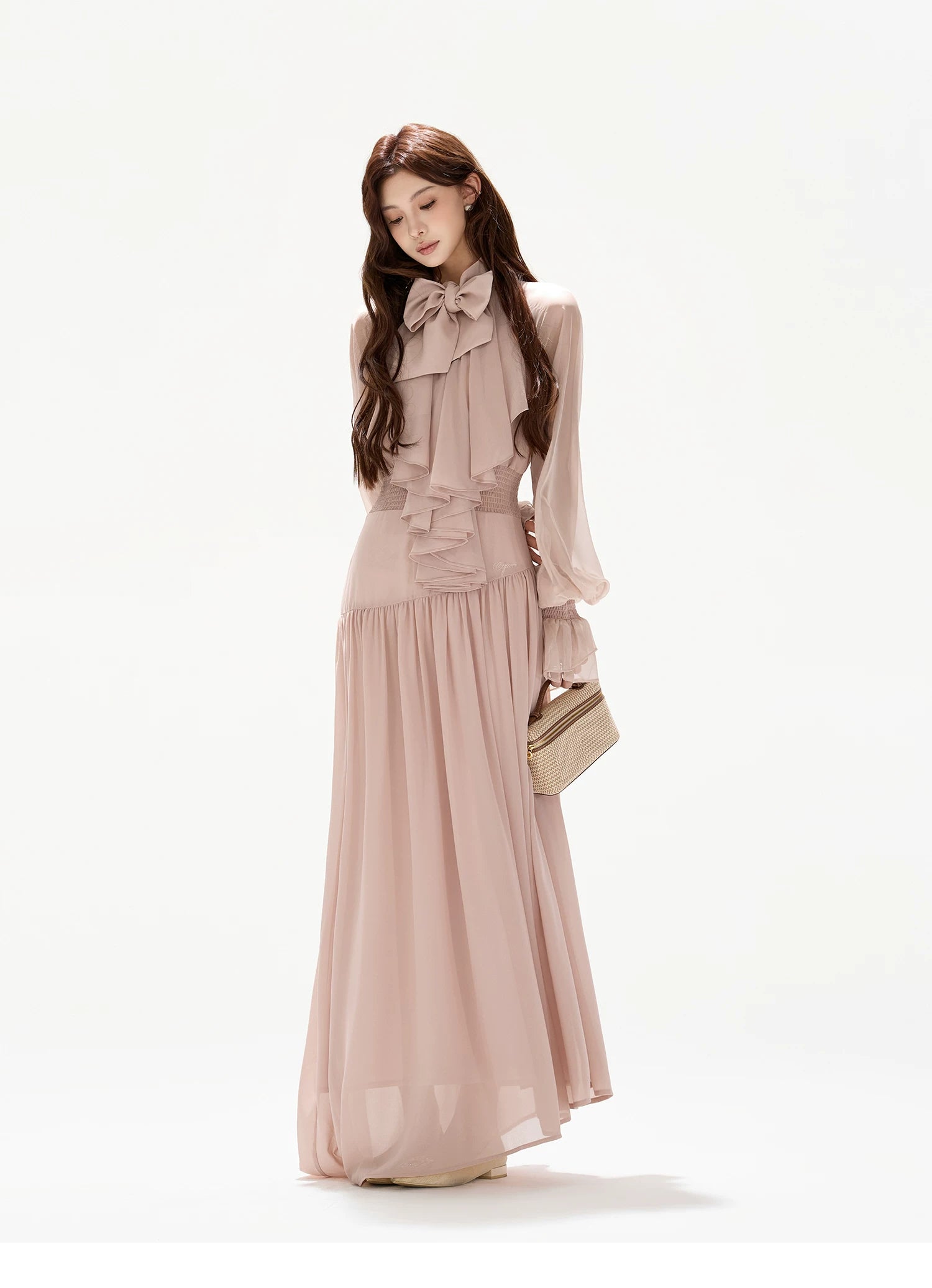 V-Neck Lantern Sleeve Maxi Dress