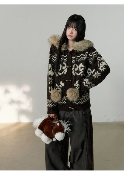 Fair Isle Fur Collar Toggle Buttons Knit Coat