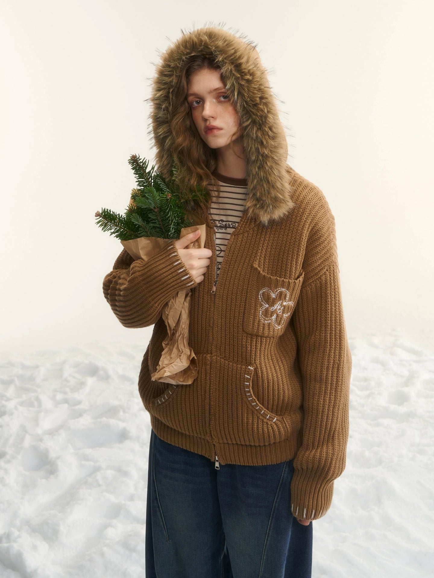 Embroidered Knit Zip-Up Hoodie Cardigan