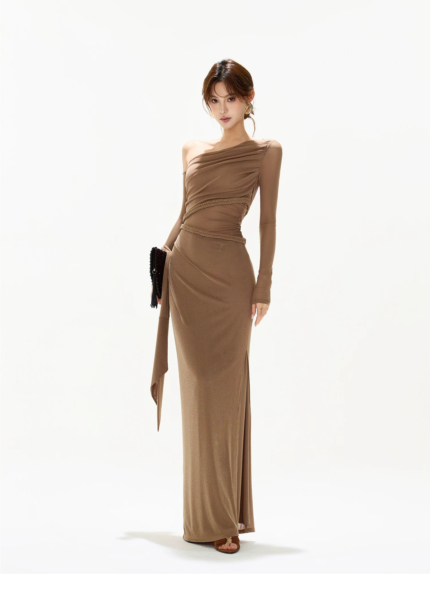 One-Shoulder Mesh Cut-Out Maxi Dress