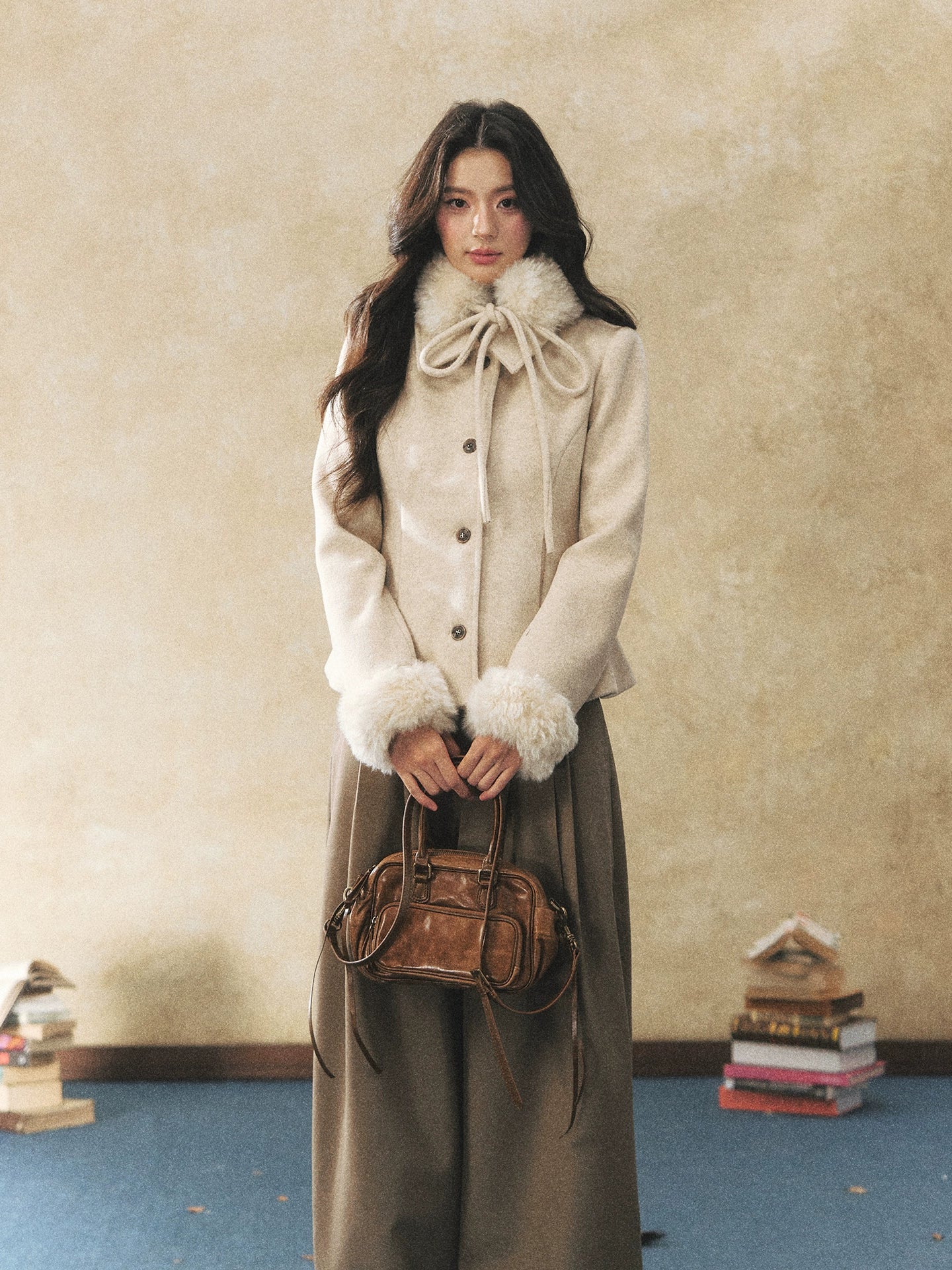 Detachable Fur-Collar Wool-Blend Jacket