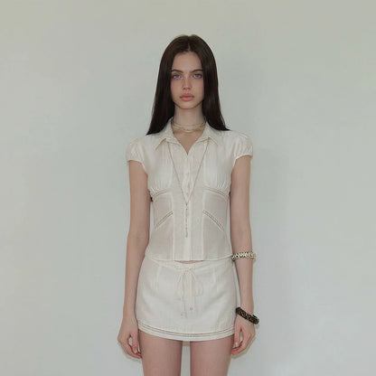 Lustrous Acetate Shirt &amp; Mini Skirt Set NeverMore