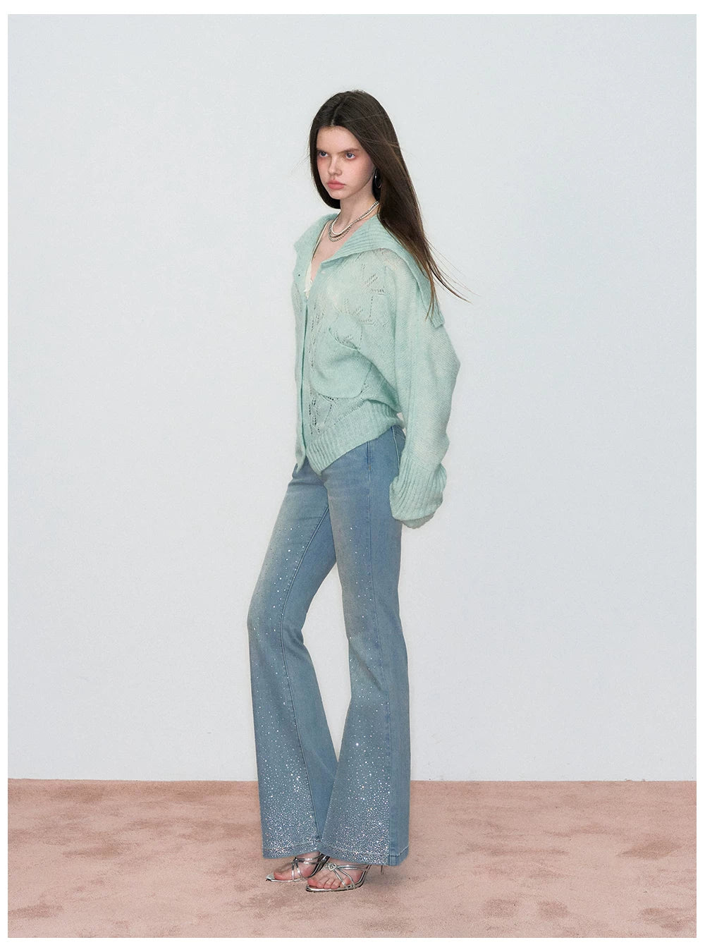 Vintage Rhinestone-Embellished Flared Denim Jeans