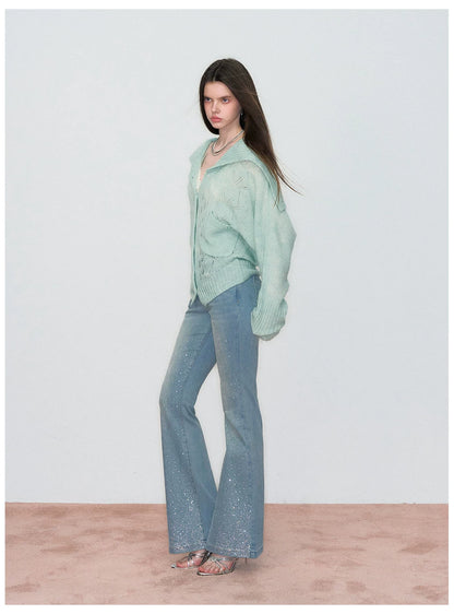 Vintage Rhinestone-Embellished Flared Denim Jeans