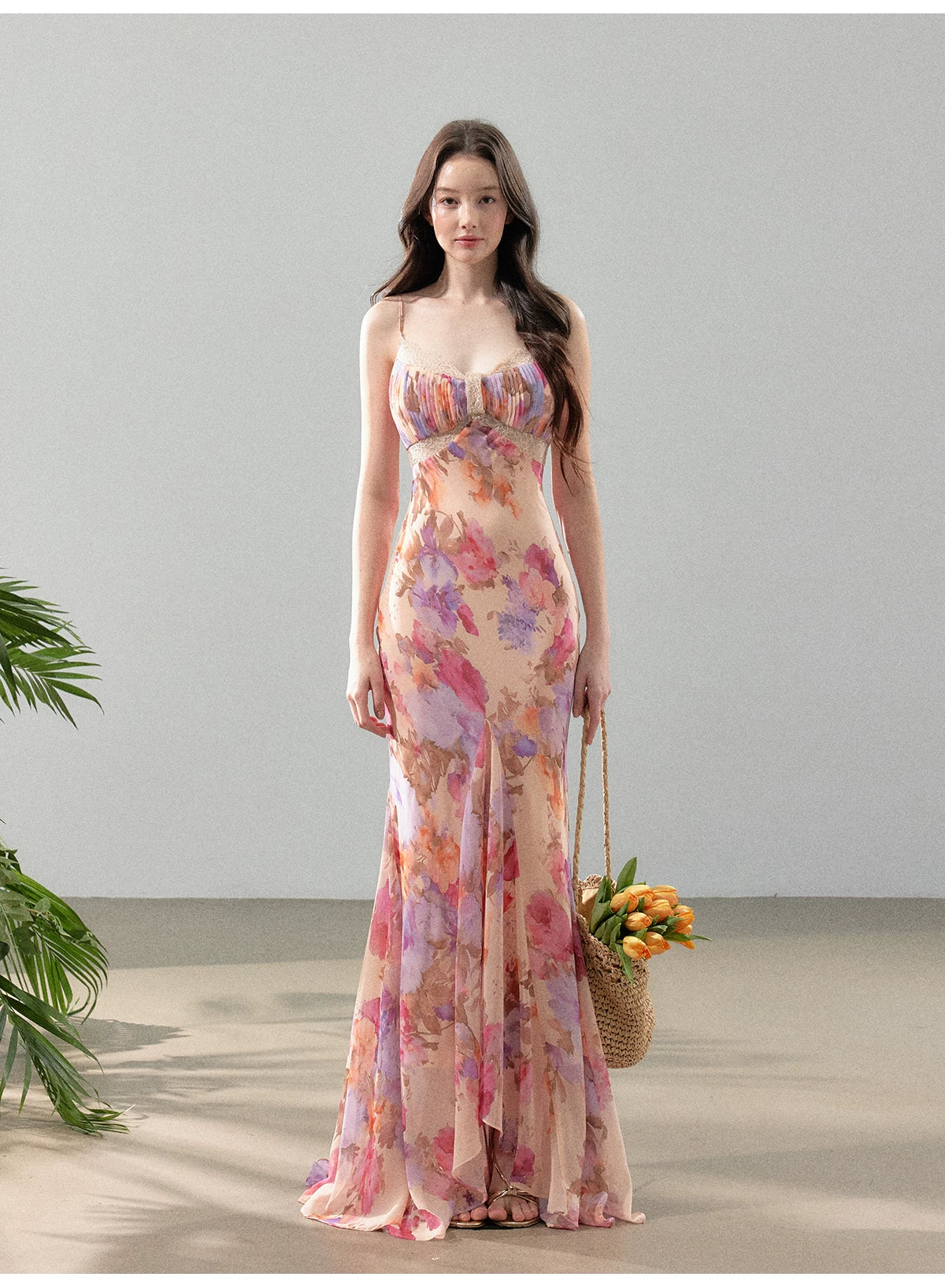 Dreamlike Summer Floral Chiffon Mermaid Slip Maxi Dress