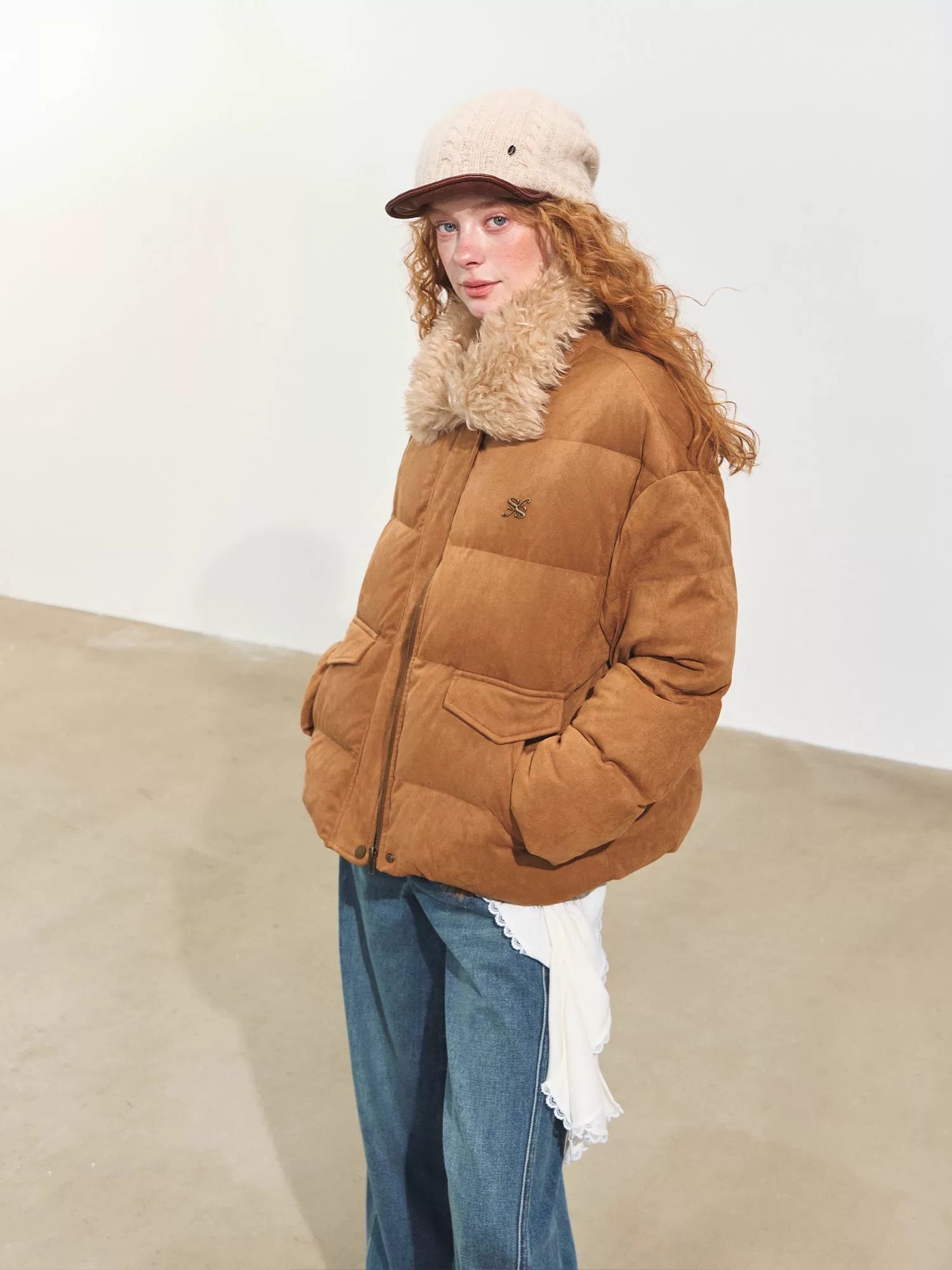 Faux Fur Collar Suede-Panel Down Jacket