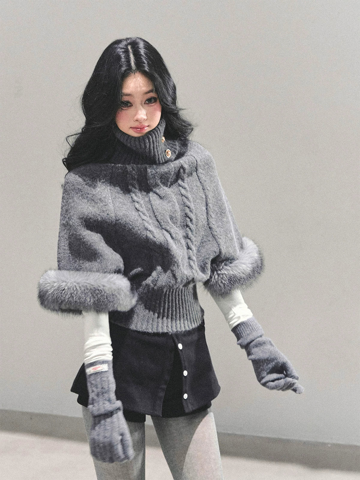 High-Neck Cable Knit Sweater