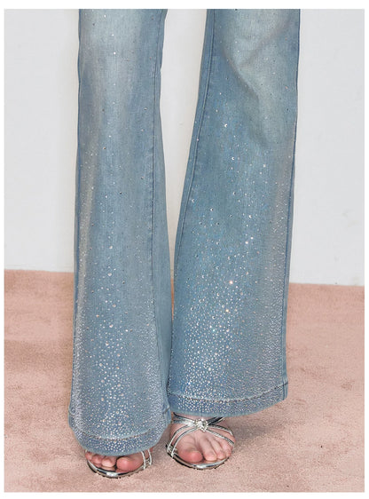 Vintage Rhinestone-Embellished Flared Denim Jeans