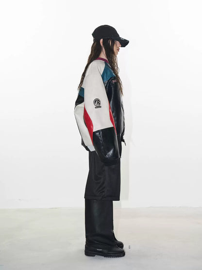 Color-Block Embroidered Moto Padded Jacket