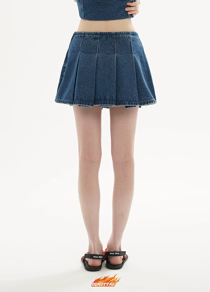 Dark Blue &amp; Light Blue Denim Pleated Skirt - CHINASQUAD