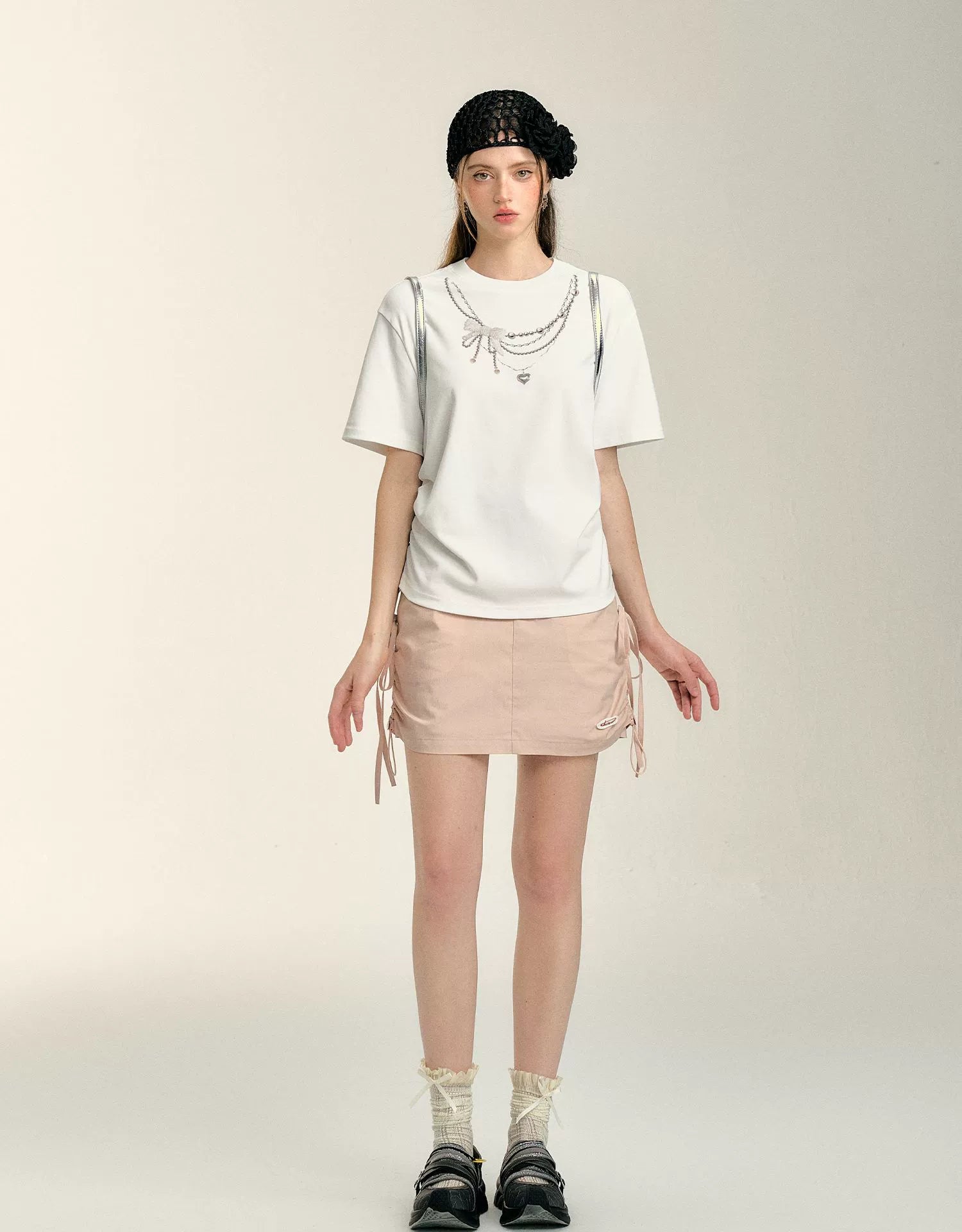 Pearl Necklace Print Drawstring T-shirt