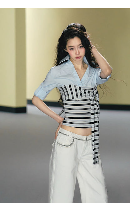 Layered Contrast Tie-Waist Shirt Top