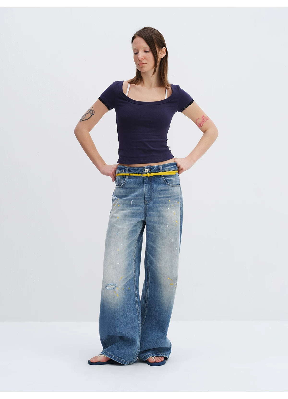 Washed Blue Curved-Leg Wide Denim Jeans