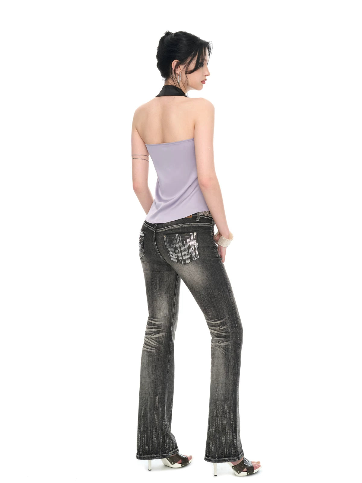 Lilac Satin Sequin Halter Neck Backless Draped Blouse