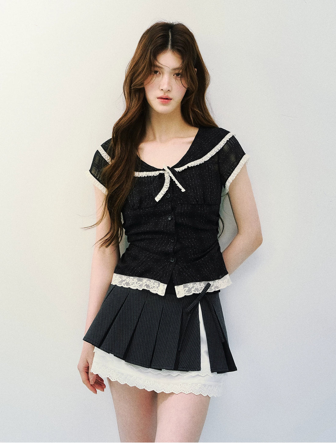 Vintage Sheer Polka Dot Sailor Collar Blouse