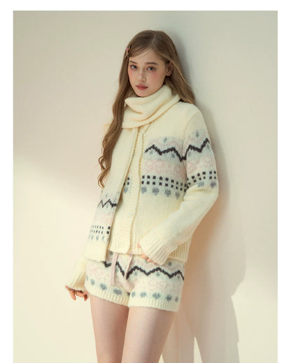 Fair Isle Knit Cardigan &amp; Shorts &amp; Scarf