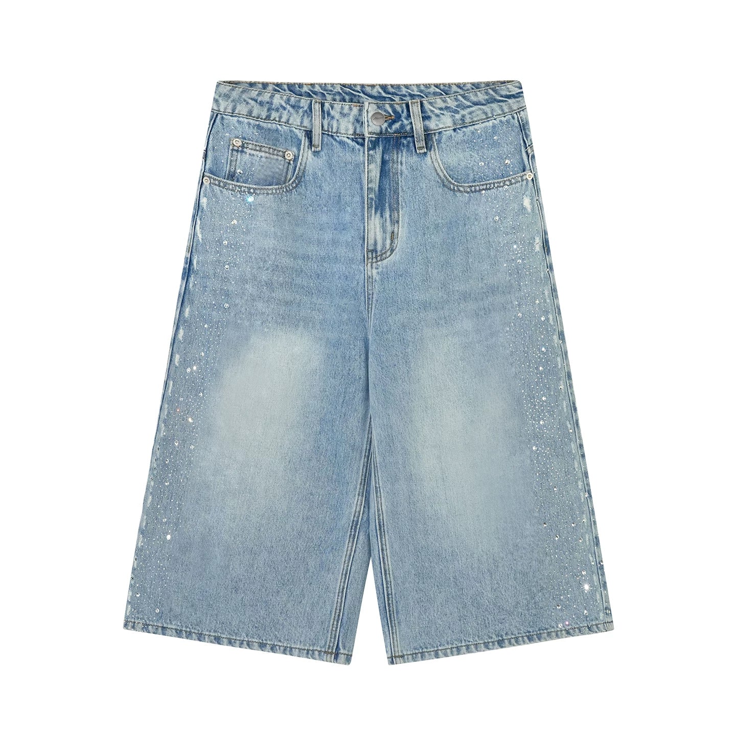 Crystal-Embellished Wide-Leg Cropped Denim Jeans