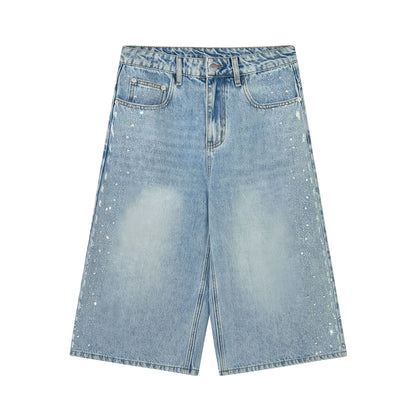 Crystal-Embellished Wide-Leg Cropped Denim Jeans
