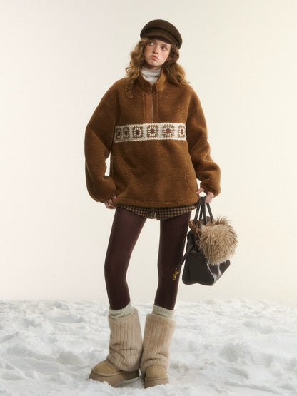 Patchwork Teddy Fleece Zip-Up Sweater