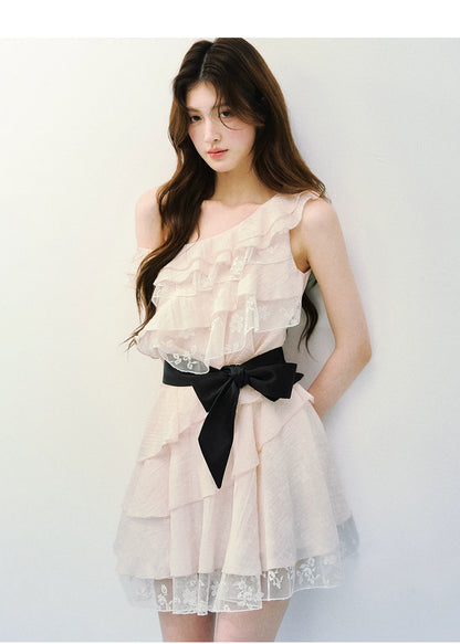 Asymmetric Lace Tiered Ruffle Dress