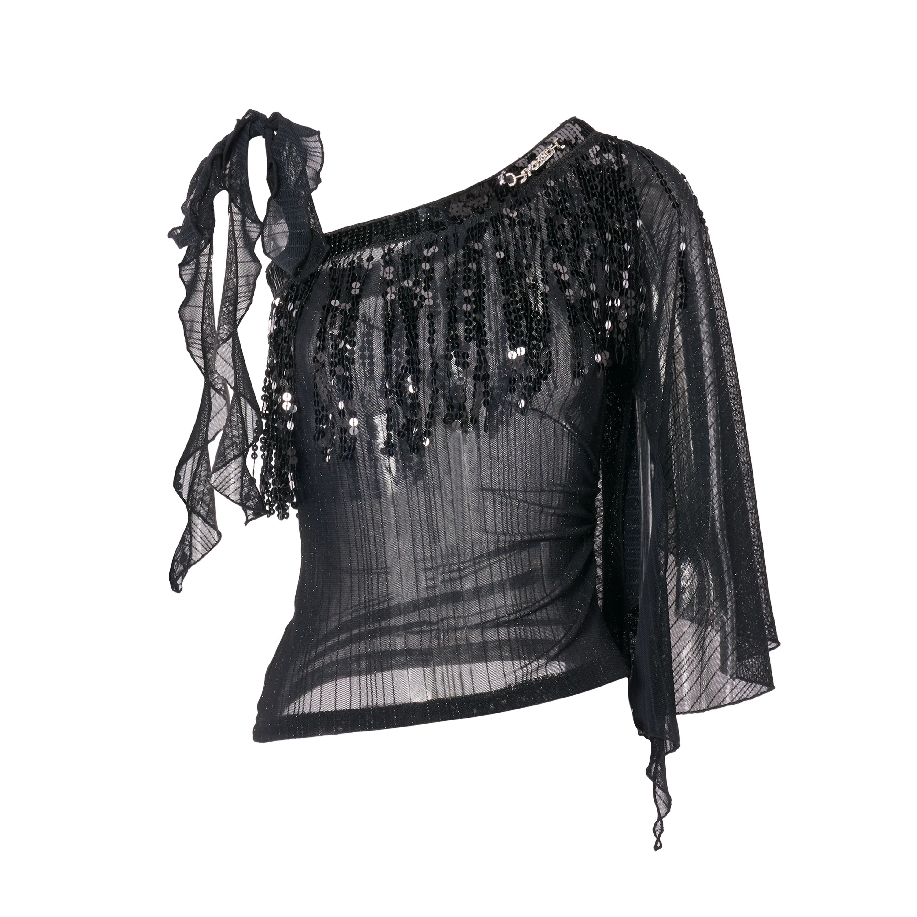 Black Asymmetric Sheer Lurex Mesh Fringe Top