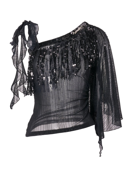 Black Asymmetric Sheer Lurex Mesh Fringe Top