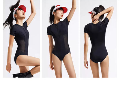 Black Zip-up Swimsuit &amp; Cap &amp; Goggles