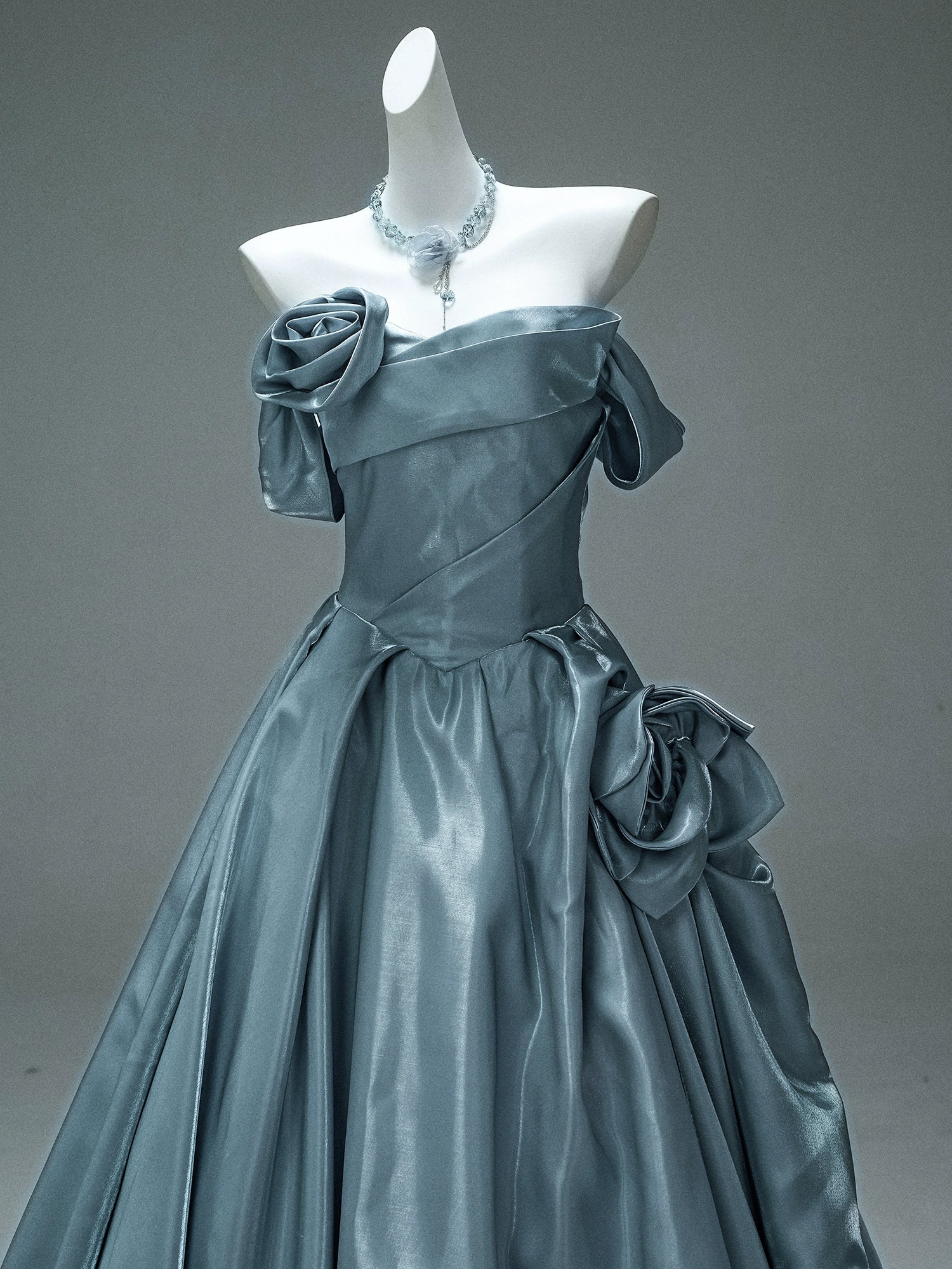Satin Off-Shoulder Gown with Sculpted Roses