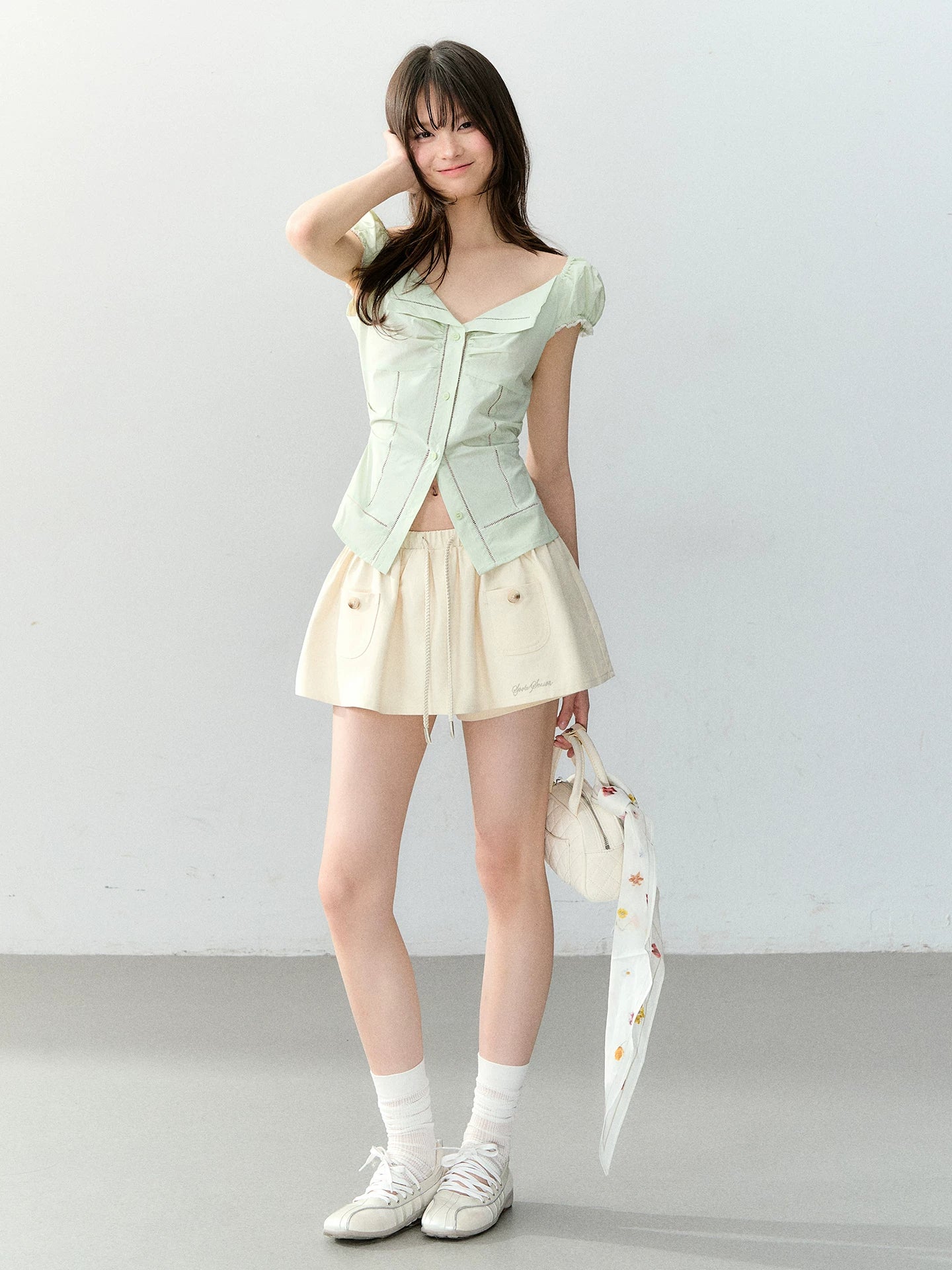 Polka Dot Lace Tie Waist Blouse