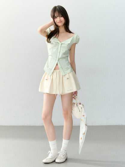 Polka Dot Lace Tie Waist Blouse