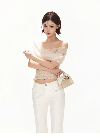 French Romantic Lace Off-Shoulder Knit Top