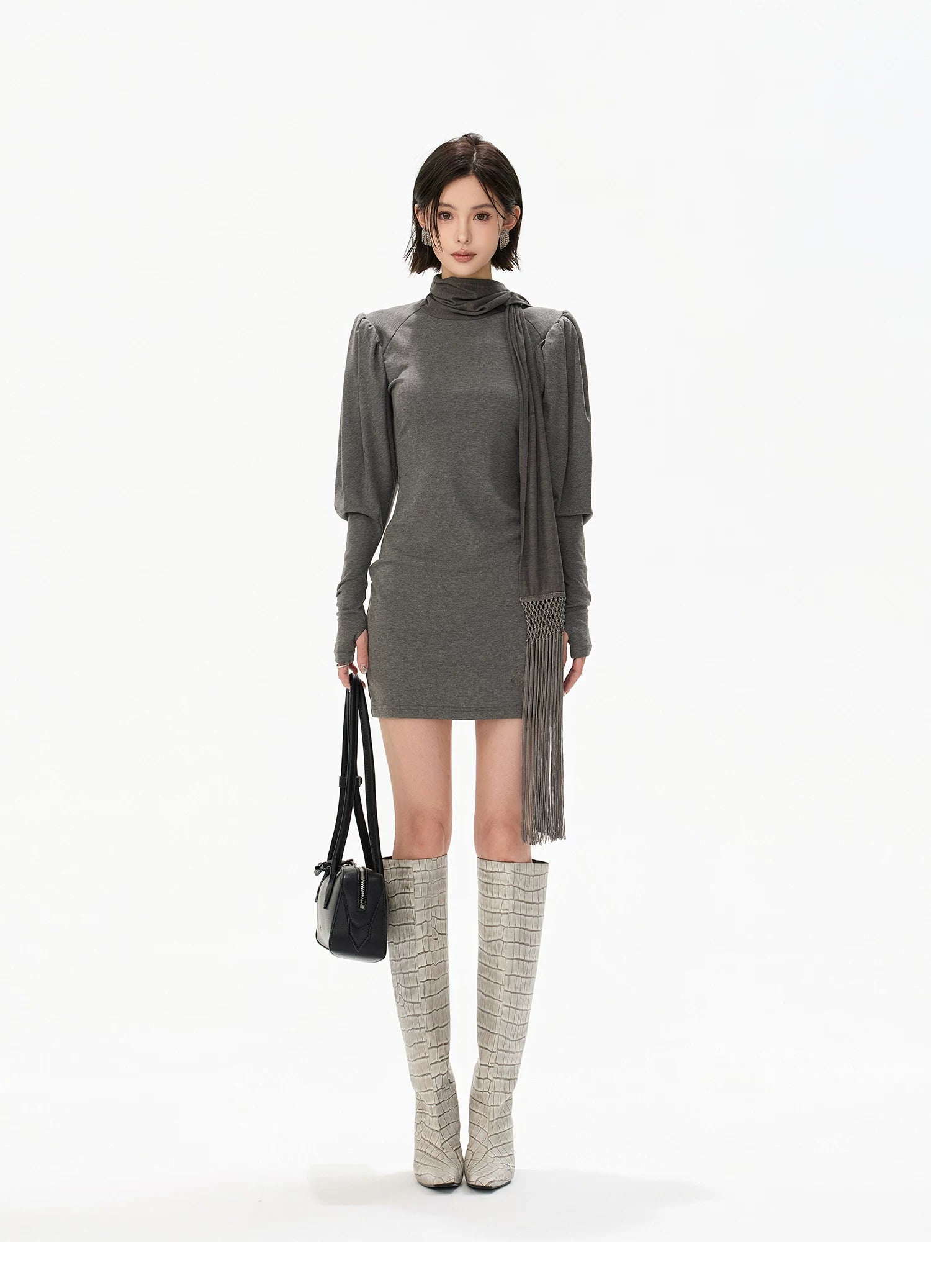 Minimalist Draped Turtleneck Knit Mini Dress with Tassel Ties